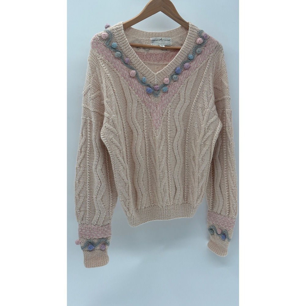 Vintage Peruvian Connection Sweater Alpaca Crochet Cottagecore Women Medium Pink